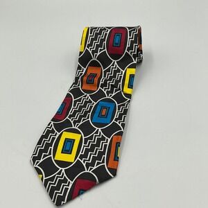 Bugatti Geometric Pattern Silk Necktie Mens Black Yellow Blue Red Orange